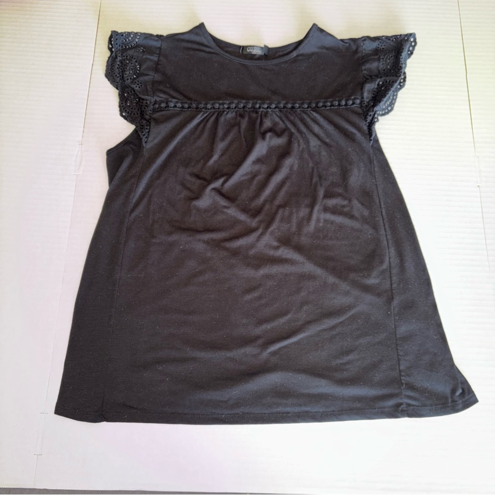 Black Lace-Trim Flutter Sleeve Blouse - Women